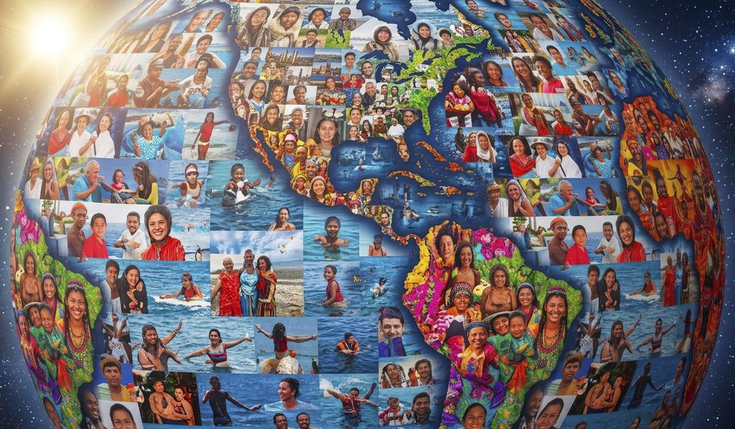 A globe of the Americas assembled entirely from photographs of people from many nations, working, swimming, teaching and standing together.
