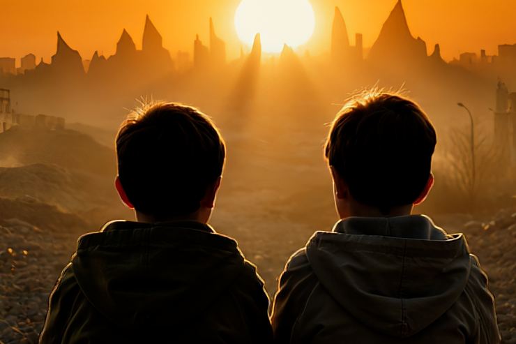 Two children sitting among rubble at sunset, looking out at a ruined city skyline.